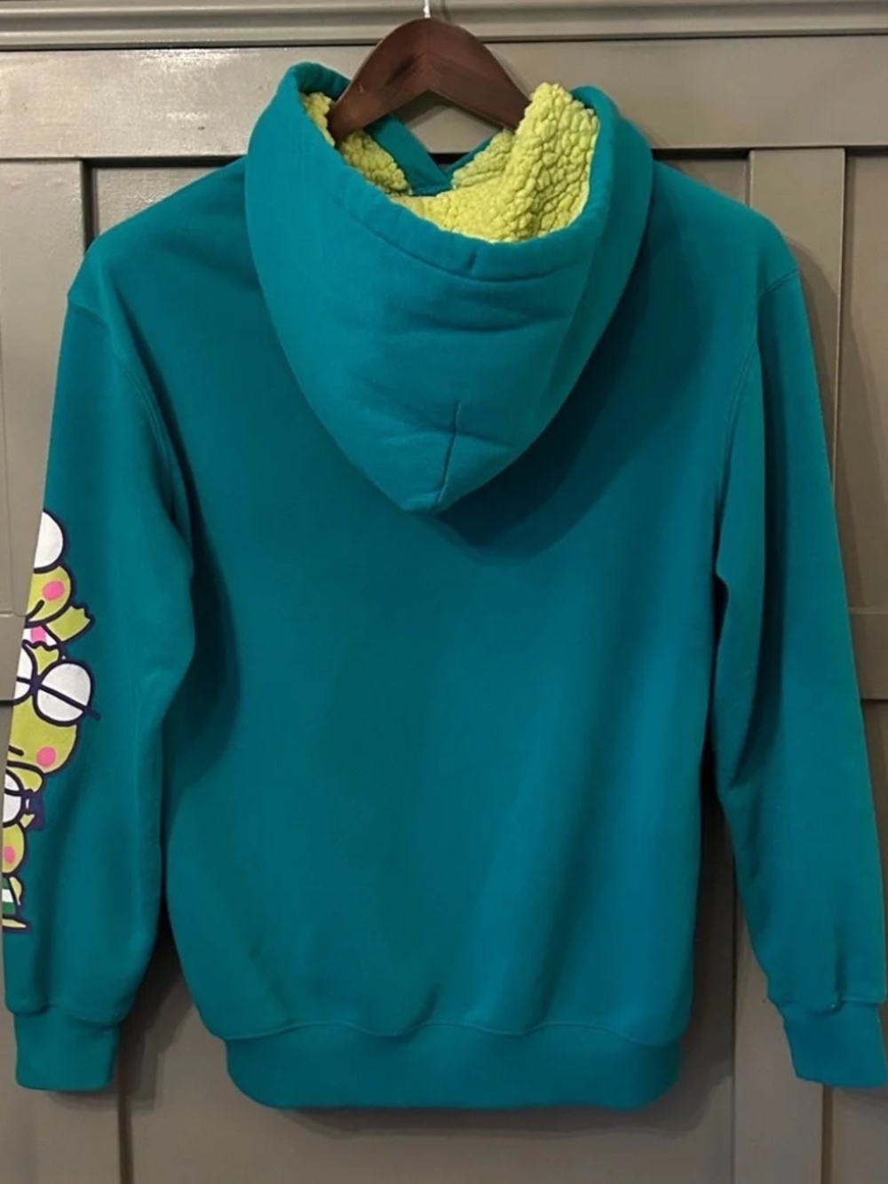 Sanrio Keroppi Graphic Hoodie Sweatshirt Fuzzy Lined Green Oversized Size XS - Picture 7 of 9